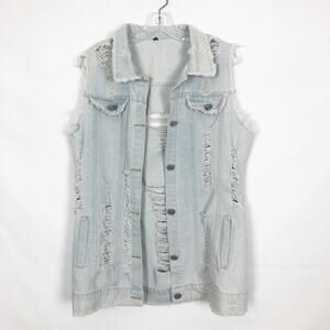 Distressed Denim Vest Womens Medium Long Length Western Cowgirl Rodeo Festival